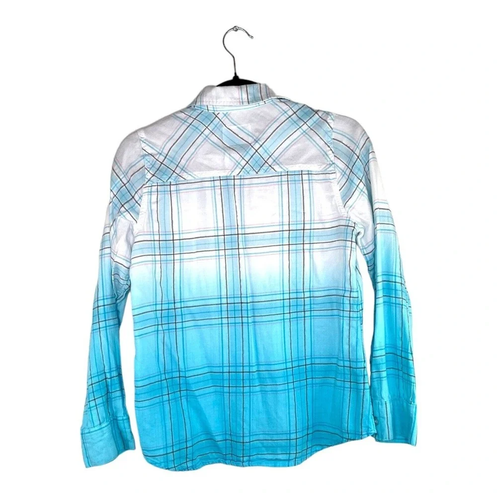 Justice Soft Plaid Girls Shirt Sz 14 Blue White Metallic Button Soft Comfy